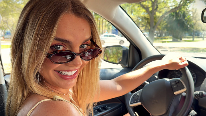 Crazy blonde MILF driver picks me up and inhales my balls