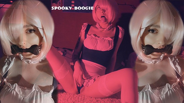 Cat girl Ram rides on a big didlo and squirts Cosplay Anime Ahegao face