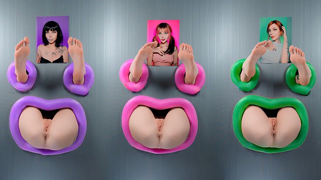 Gloryhole fucking three assholes through a wall, fucking three girls - pinkloving