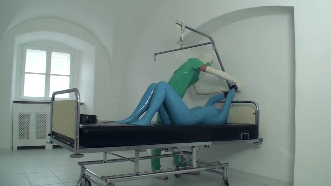 Sexy Girl Full Encased In Blue Latex Catsuit + Condom Mask And Hard Fucked