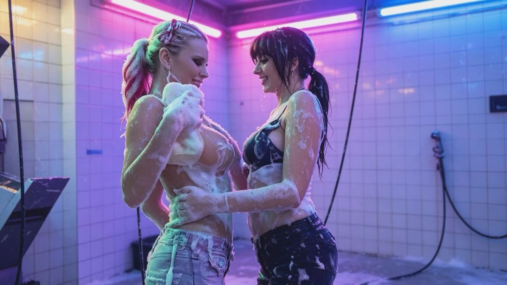 A wet threesome right in the middle of the car wash