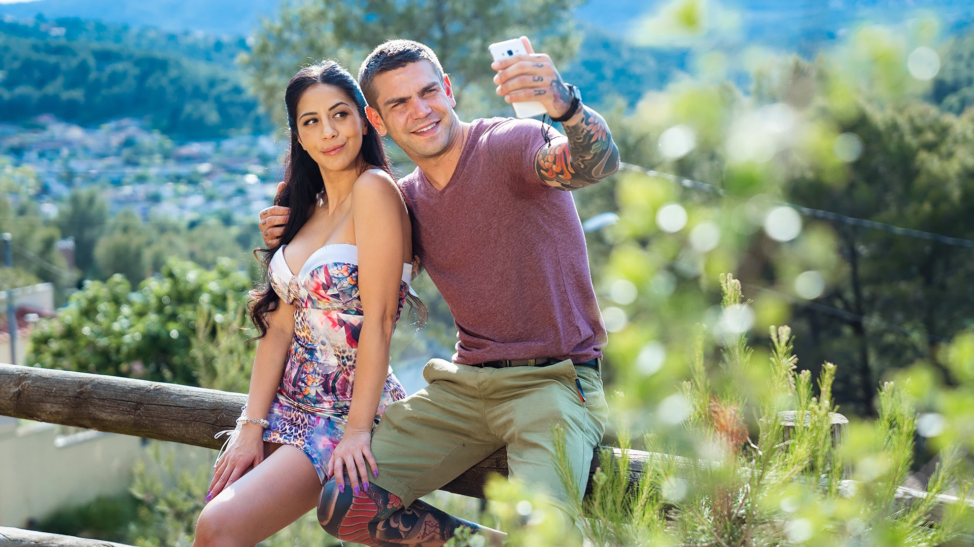 Loved up couple outdoor sunset sex