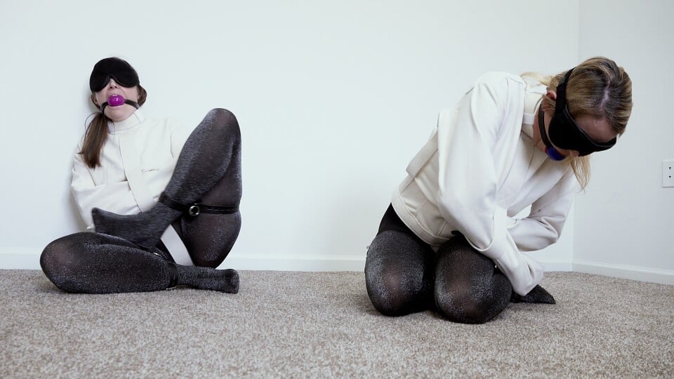 Blindfolded Ball-Gagged Straitjacketed Rachel Adams and Bella Ink Struggling