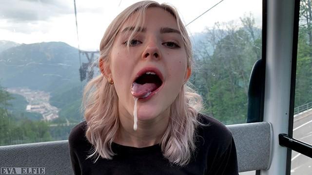 Teen swallows loads of cum on a cable car - public blowjob by Eva Elfie