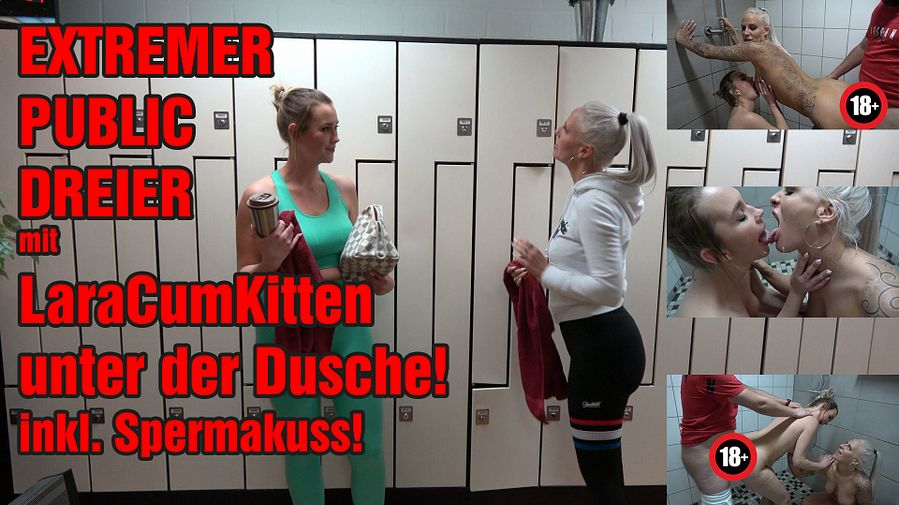 EXTREME PUBLIC THREESOME with LaraCumKitten in the shower! including sperm kiss