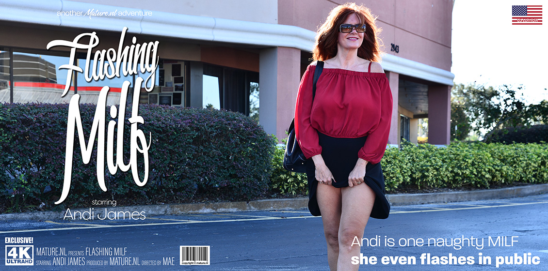Naughty MILF Andi James flashing her pussy in public
