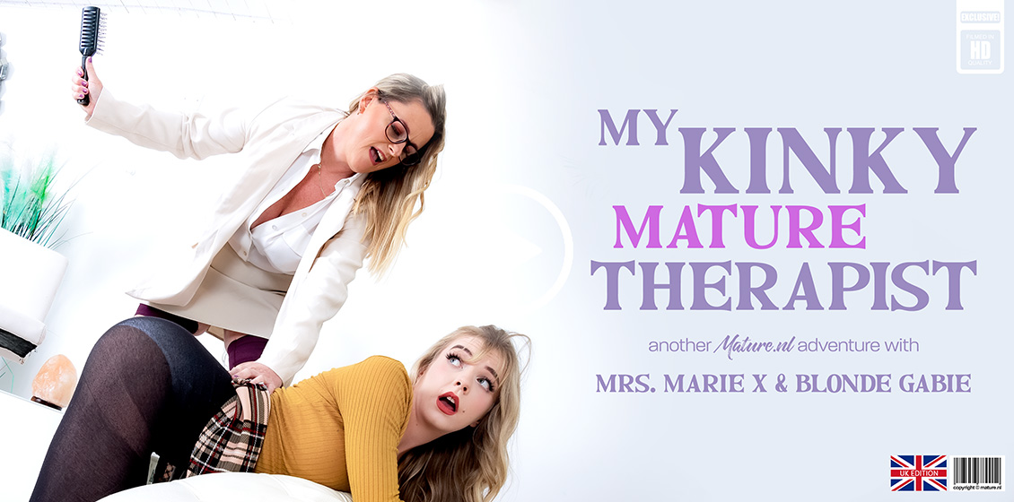 Mature Mrs. Marie X is a horny lesbian therapist with spanking results for babe Blonde Gabie