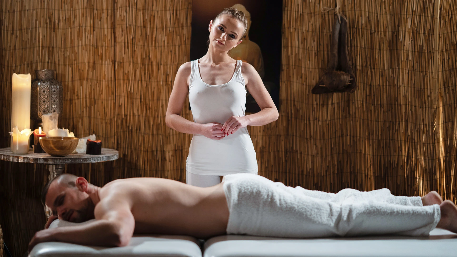 Sexy oil soaked small tits massuese