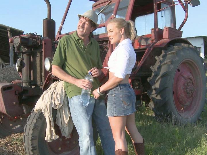 Valentina leaves her skirt on as she has anal sex outside by a tractor