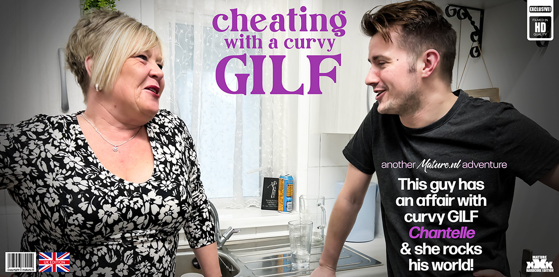 Curvy British GILF Chantelle is fucking and sucking a cheating young guy on the sofa