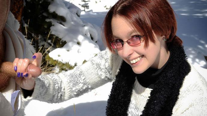 Helpless Brandi De Lafey Strokes a Lonely Snowman