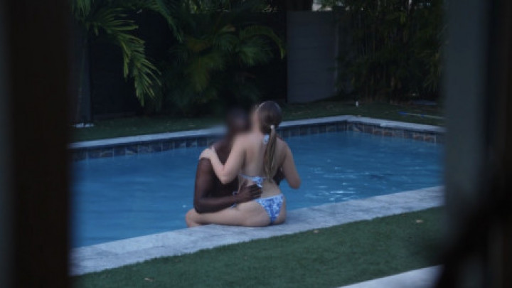 Hotwife teased and fucked poolside before hubby joins in