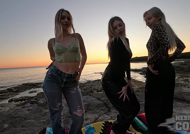3 Models Enjoying Sunset While Stripping Nude On A Public Beach In Italy