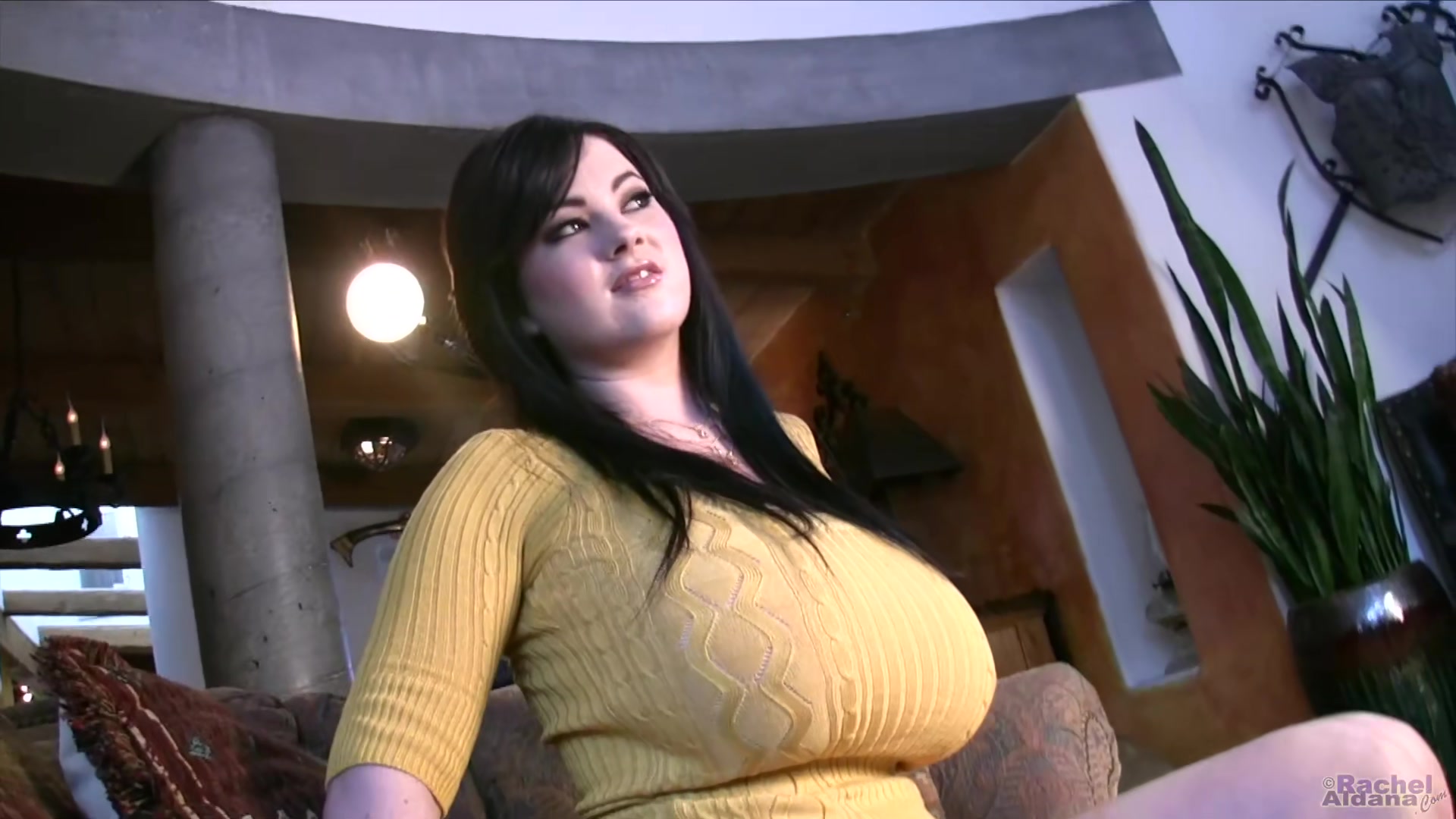 Rachel Aldana - Tight Yellow Sweater Strip - 4K
