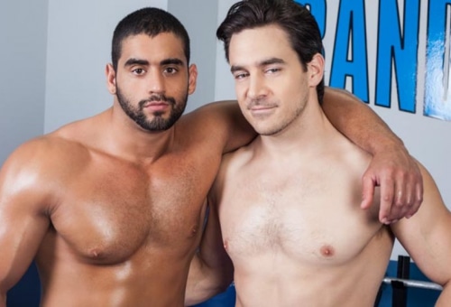Straight Gym Hunks Chris Rockway and Angelo Antonio have a hot wrestle fuck