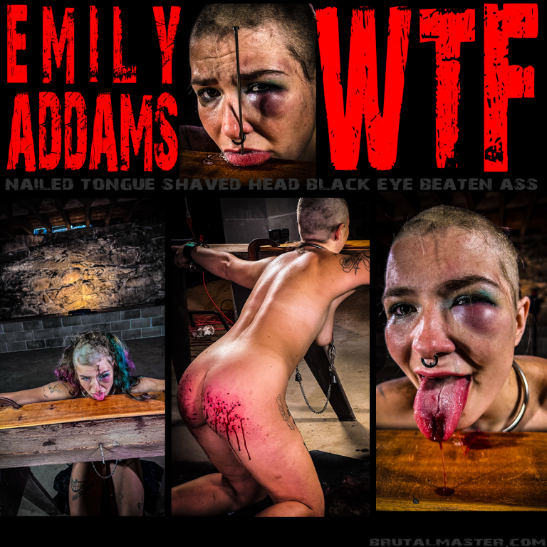 EmilyAddams - WTF - Emily is back in HELL! and this time she is more properly displayed, her tongue is nailed, her head is shaved (like a good bitch) and she is beaten like the cunt she is. Welcome Back to HELL! pig.