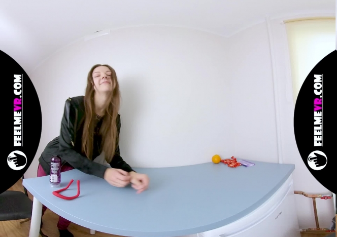 Rebeka Ruby in vr180 video masturbates in the kitchen with a strange toy