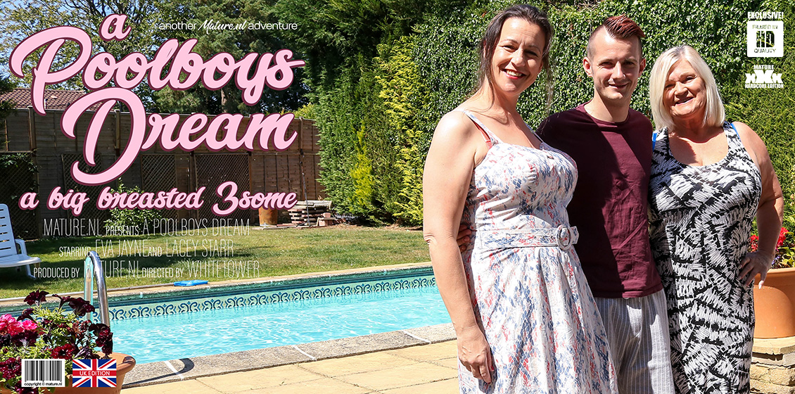 Eva Jayne and Lacey Starr are two big breasted cougars that love to share the poolboy